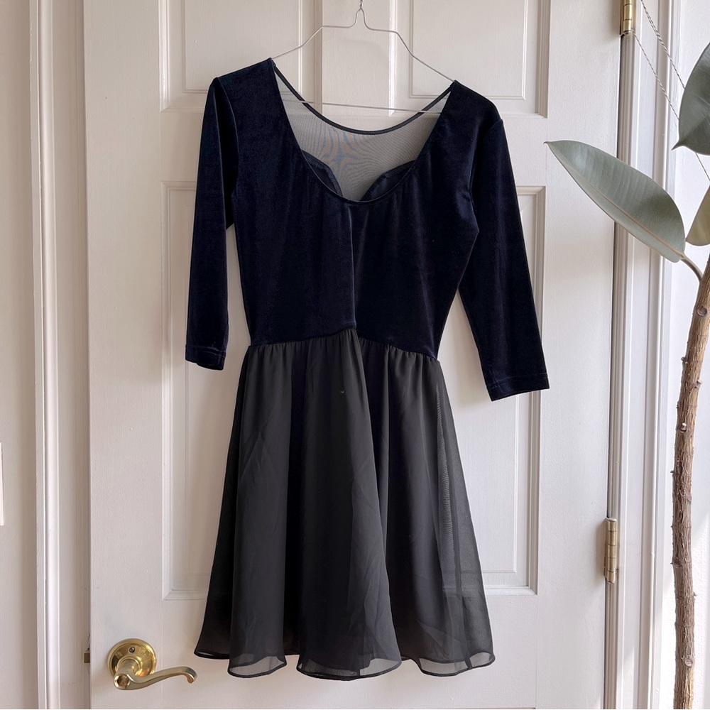 Blue Velvet Dress with Black Skirt and Lace Detail - Picture 2 of 9